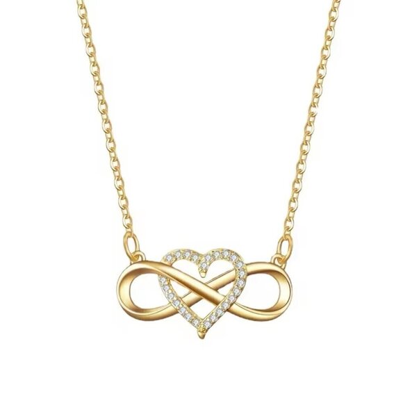 NEW Infinity Heart Pendant Necklace CZ Pave 14K Yellow Gold Plated Thin Chain - Picture 2 of 11